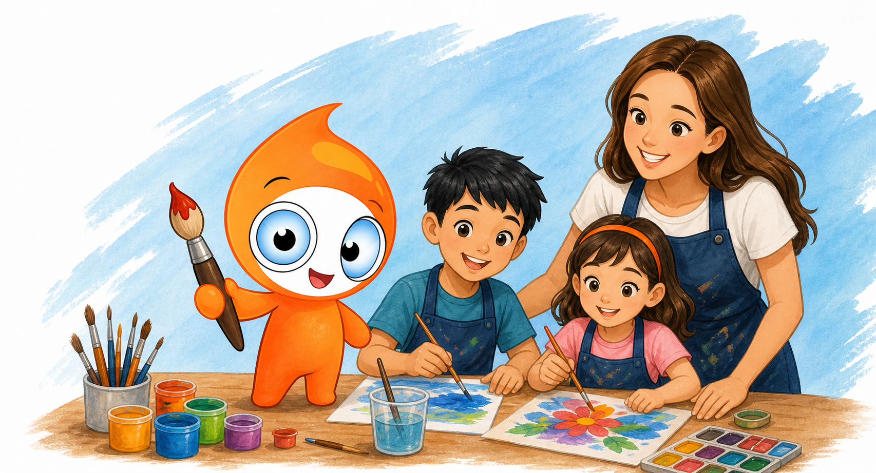 Fibo mascot with children and parent painting in class